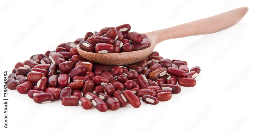 Red beans in wooden spoon isolated on white background