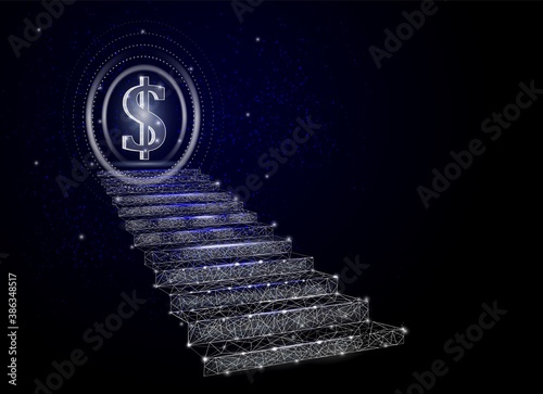 Stairway to business growth, finance target, vector poster banner design template. Low poly art, polygon wireframe mesh. Business achievement, goal, path to success.
