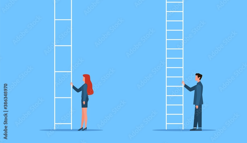 Gender equality. Genders gap, man and woman stand at career ladder, different opportunities. Female discrimination, injustice and sexism symbol feminism and women rights vector flat concept Gender equality. Genders gap, man and woman stand at career ladder, different opportunities. Female discrimination, injustice and sexism symbol feminism and women rights vector flat concept