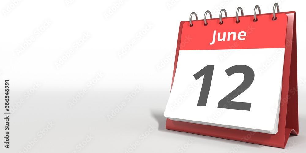June 12 date on the flip calendar page, 3d rendering June 12 date on the flip calendar page, 3d rendering