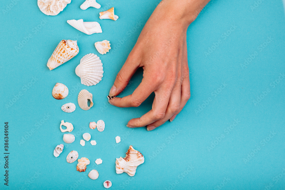 A woman's hand takes a tiny small shell.