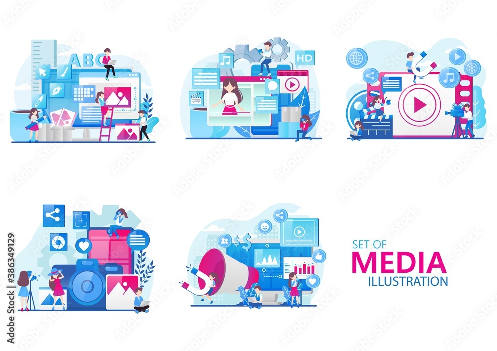 collection of themed designs about media and their contents in the concept of tiny people illustrations. Vector illustration collection of themed designs about media and their contents in the concept of tiny people illustrations. Vector illustration
