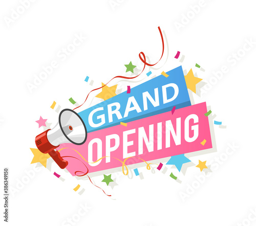 Grand opening banner. Promo flyer with megaphone, ribbons and confetti, big official open ceremony new beginning and startup sticker realistic colorful vector isolated illustration