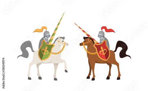 Two medieval knights. Brutal warriors on horse in armor with shields battle, honor concept, illustration for child book fantasy character in traditional military costume flat vector people