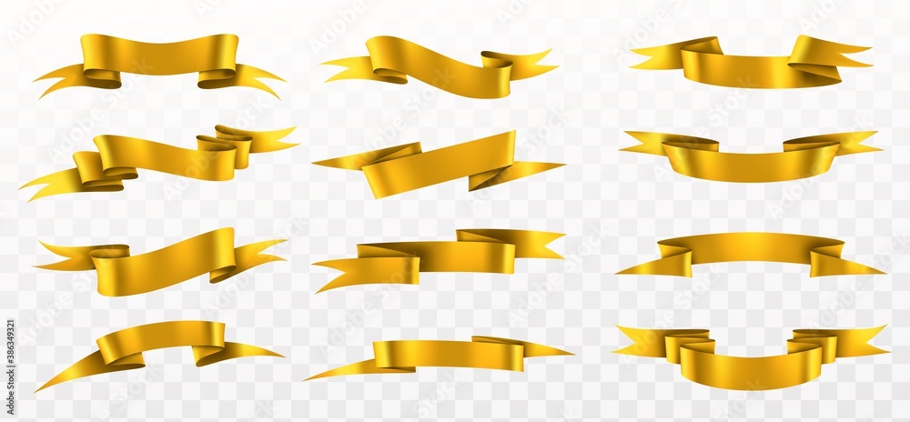 Golden ribbon set. Realistic gold curved ribbons, empty shine yellow decorative element, festive waved elegance tapes, blank decor vector isolated on transperent background templates Golden ribbon set. Realistic gold curved ribbons, empty shine yellow decorative element, festive waved elegance tapes, blank decor vector isolated on transperent background templates