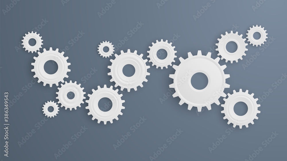 Gear wheels. Connecting mechanism cog system, abstract white cogwheels with shadows, teamwork symbol, company prosess concept, engine gears movement infographic vector isolated template Gear wheels. Connecting mechanism cog system, abstract white cogwheels with shadows, teamwork symbol, company prosess concept, engine gears movement infographic vector isolated template