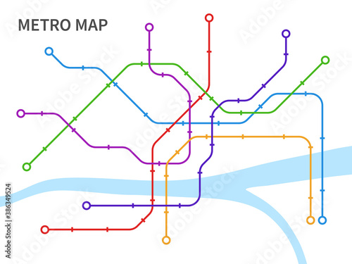 Subway map. Scheme underground and overground transport urban railway, graphic plan line connection city public transport network, colorful railroads and stations vector illustration