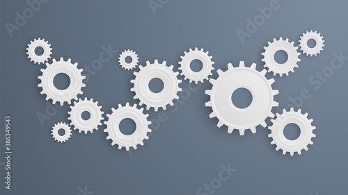 Gear wheels. Connecting mechanism cog system, abstract white cogwheels with shadows, teamwork symbol, company prosess concept, engine gears movement infographic vector isolated template