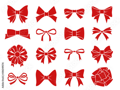 Decorative bow set. Red gift bows silhouettes, satin ribbons for present boxes, wedding or xmas accessory holiday packaging or card, elegant gift tape vector flat isolated icon