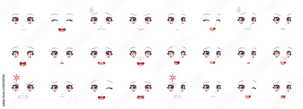  Expresión manga.  Ojos de niña, boca, cejas caras de mujer de anime.  Personaje femenino en dibujos animados estilo kawaii japonés o coreano varias emociones, personas sentimientos símbolo vector aislado conjunto Vector de stock