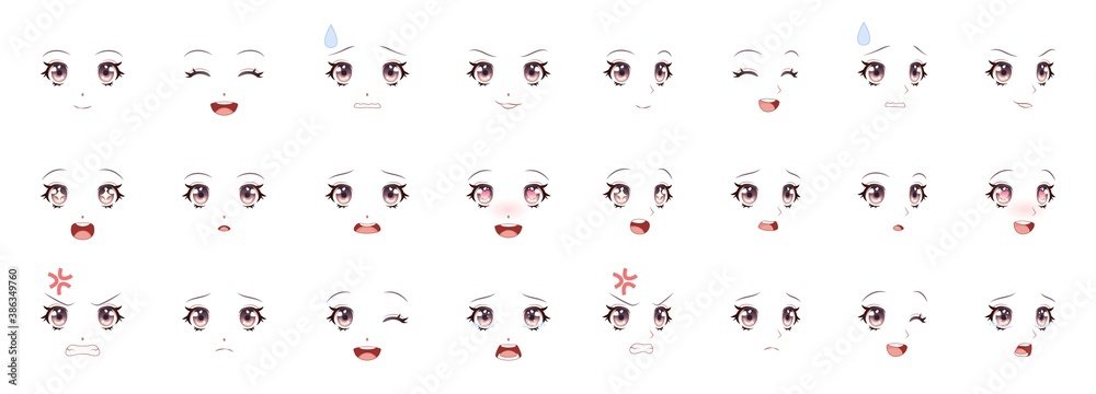 Manga expression. anime girl facial expressions. eyes, mouth and nose,  eyebrows in japanese style. manga woman emotions cartoon vector set.  illustration character manga facial girl, cute expression | Download on  Freepik