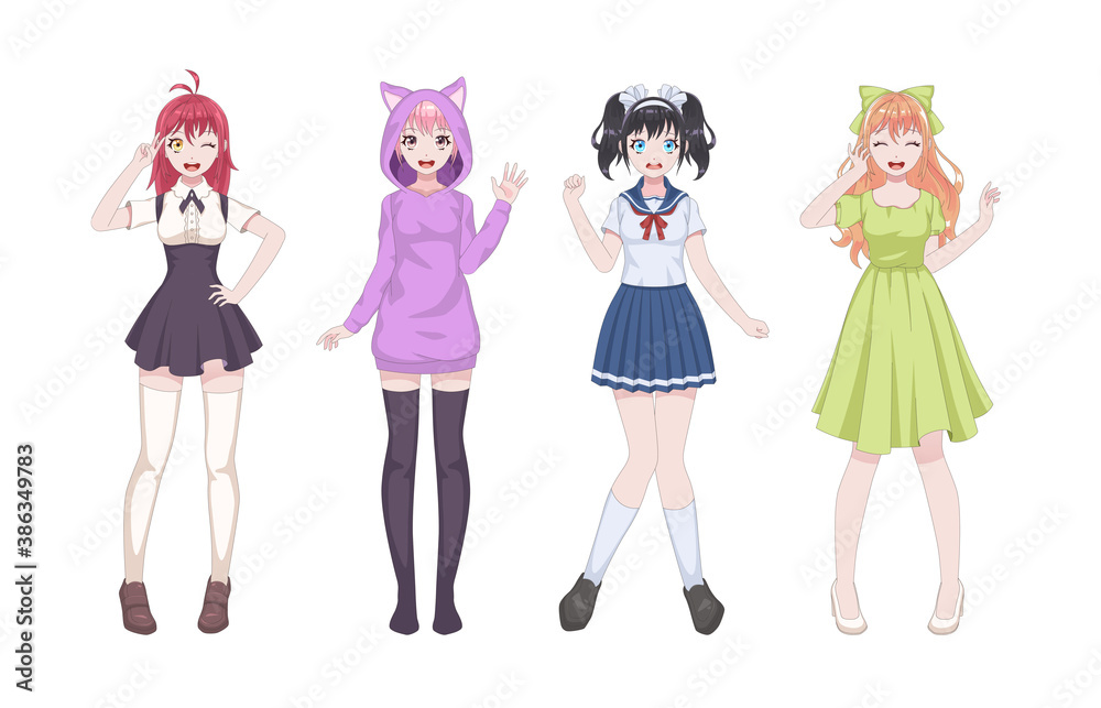 Anime girls. Manga japanese style beautiful young women in school uniform,  short skirt and cosplay clothes, kawaii asian teens standing vector comic  female characters cartoon set Stock-vektor | Adobe Stock