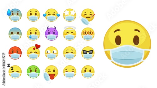 Face mask design. Cute emotion yellow faces in face masks Covid-19 collection virus protection symbol, coronavirus safety healthcare, personal hygiene product sticker vector cartoon set
