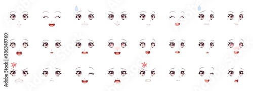 Manga expression. Girl eyes, mouth, eyebrows anime woman faces. Female character in cartoon japanese or korean kawaii style various emotions, people feelings symbol vector isolated set