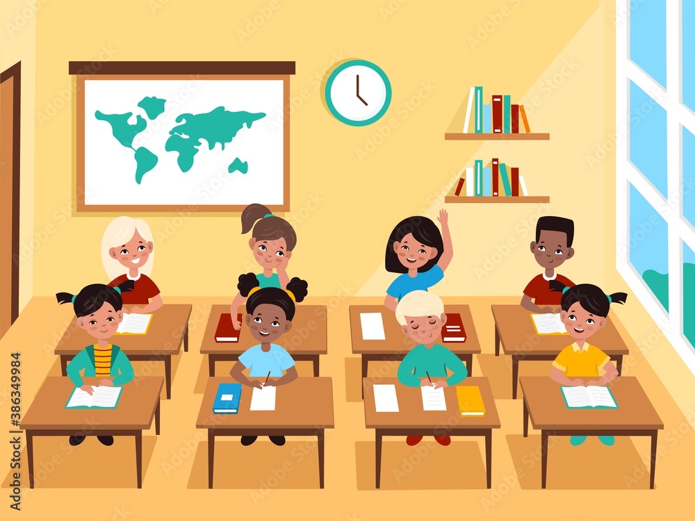 Kids in classroom. Multicultural pupils boys and girls sit at desks in  lesson primary learning, children study subject and answer questions in school  class interior cartoon vector concept Stock Vector | Adobe