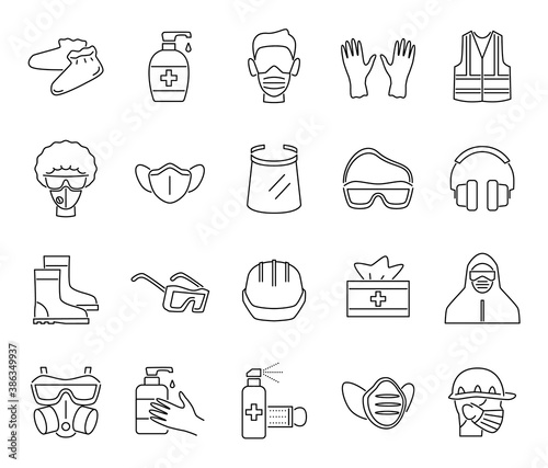 Ppe line icons. Protection equipments, masks and goggles, doctor gown, gloves and shield, sanitizer gel and spray, hair cover, respirator personal hygiene protective equipment vector set