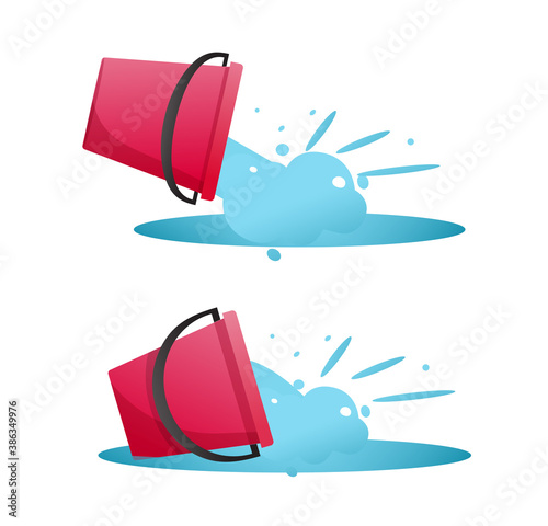 Pail of water shedding and spilling flow vector set, bucket pouring flat cartoon illustration clipart isolated on white background collection