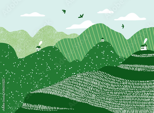 Green hills with tiny white houses, vector landscape illustration