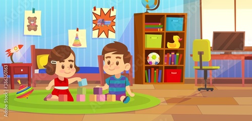 Room boy. Kids playing in bedroom apartment, child sitting on carpet with friend, toys in playroom, home nursery furniture, kindergarten or preschool concept cartoon vector illustration
