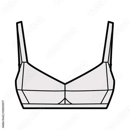 Bra bullet lingerie technical fashion illustration with wide adjustable shoulder straps, hook-and-eye closure. Flat brassiere template front grey color style. Women men unisex underwear CAD mockup