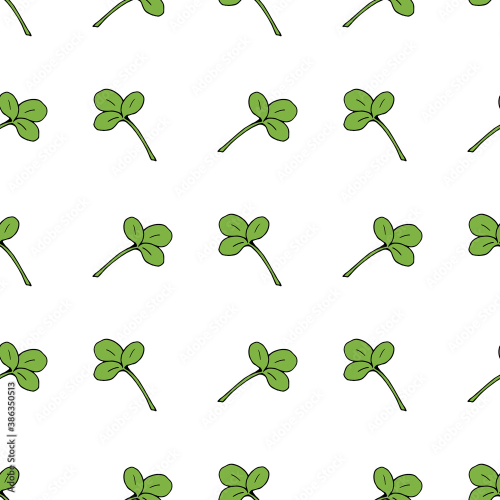 Seamless pattern with simple clover leaves on white background. Vector image.
