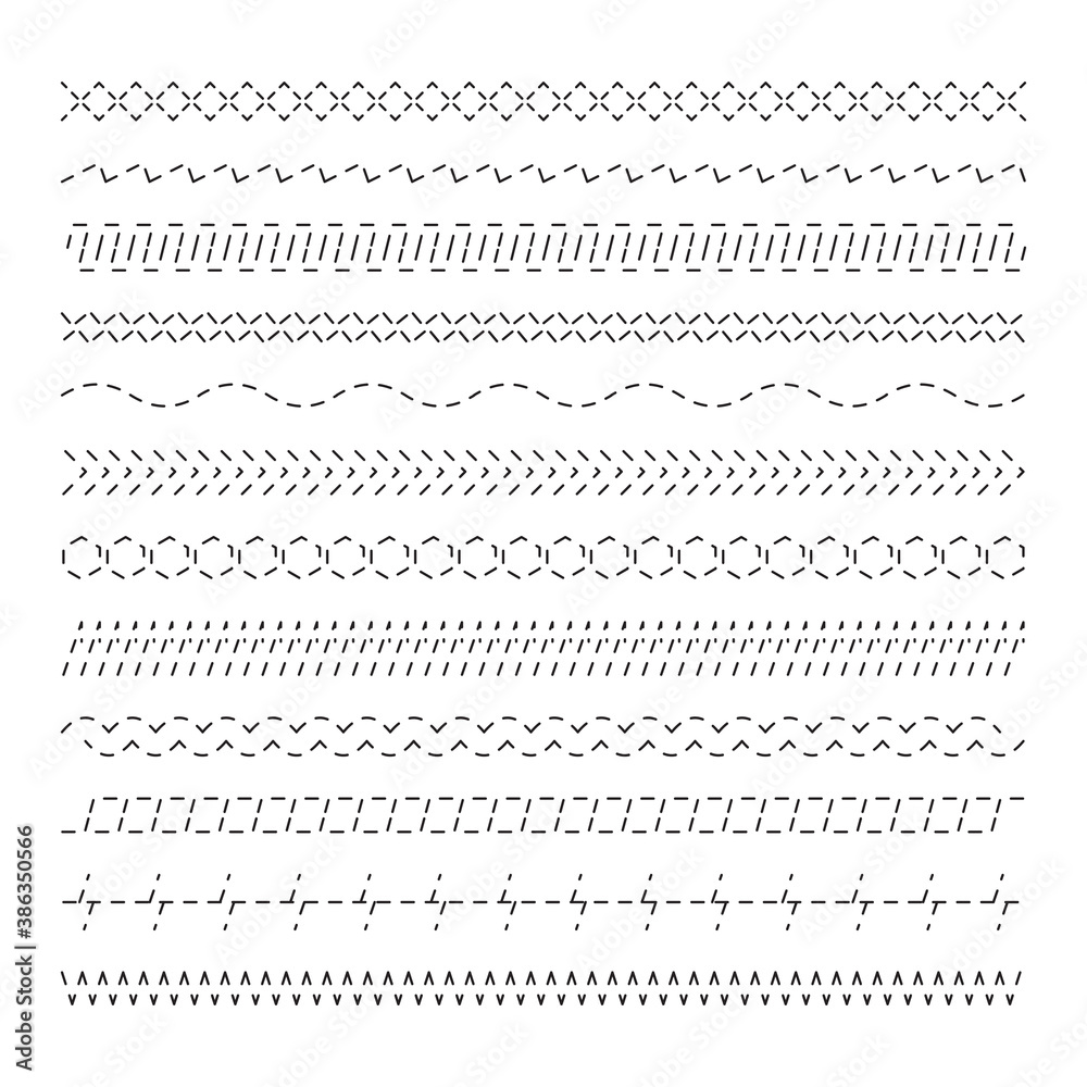 Sewing stitches. Embroidery fabric lines cutting shapes ornament vector seamless collection. Pattern zigzag craft brush and sew line illustration