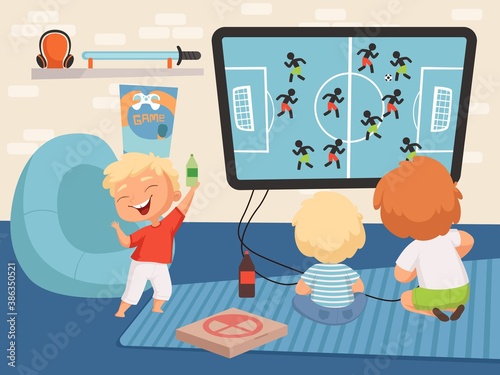 Boy gamers. Little men playing video games. Cute cartoon happy baby with lemonade bottle in living room interior vector illustration. Gamer gaming in video, player young with controller