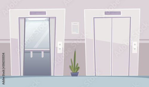 Business hall elevator. Office building with opened an closed doors elevators vestibule interior vector cartoon background. Illustration office interior, lobby lift indoor