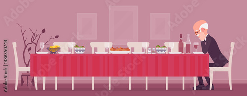 Lonely old man sitting at table served for festive dinner. Senior person alone with empty chairs, missing gone family members, friends, thinking of past events. Vector flat style cartoon illustration