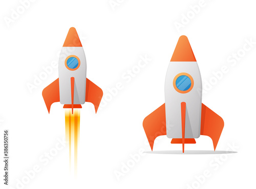 Fototapeta Naklejka Na Ścianę i Meble -  Rocket ship flying and standing vector clipart set flat cartoon, retro spaceship flight collection isolated on white background illustration