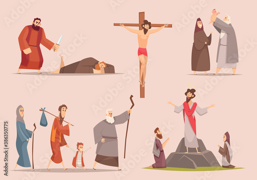Christian characters. Spiritually antique journey holy bible people jewish vector narrative vector persons set. Christianity legend, character christian myth, bible history illustration