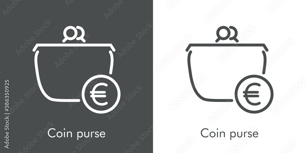 Icono lineal con texto Coin purse con monedero con símbolo de euro en círculo en fondo gris y fondo blanco - obrazy, fototapety, plakaty 