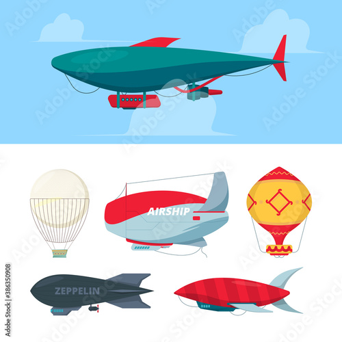 Airship. Flying balloons dirigible zeppelin for travellers freedom symbols air transport vector illustrations. Air dirigible and balloon, airship in sky, aircraft flying
