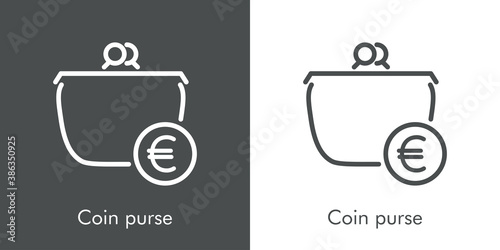 Icono lineal con texto Coin purse con monedero con símbolo de euro en círculo en fondo gris y fondo blanco