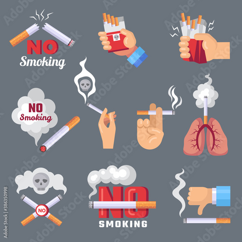 Smoke icon. Lungs and cigarette inhalation smoke problem and dangerous vector flat concept pictures. Ban smoke cigarette, smoking addiction tobacco