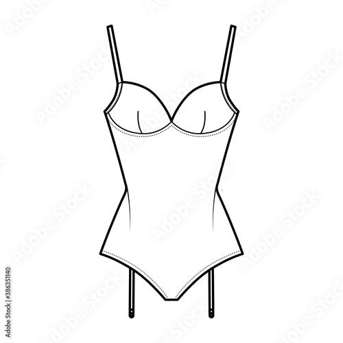 Teddiette gartered bodysuit technical fashion illustration with molded cup, adjustable shoulder straps. Flat one-piece apparel template front, white color. Women men unisex underwear CAD mockup