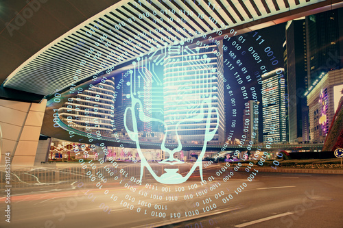 Brain hologram drawing on city scape background Double exposure. Brainstorming concept.