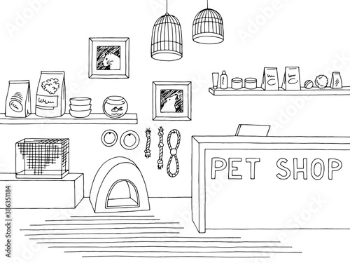 Pet shop store graphic interior black white sketch illustration vector