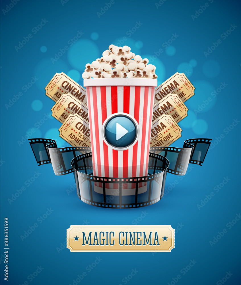 Online cinema art movie watching with popcorn and film-strip cinematography concept. Realistic. Illustration. - obrazy, fototapety, plakaty 