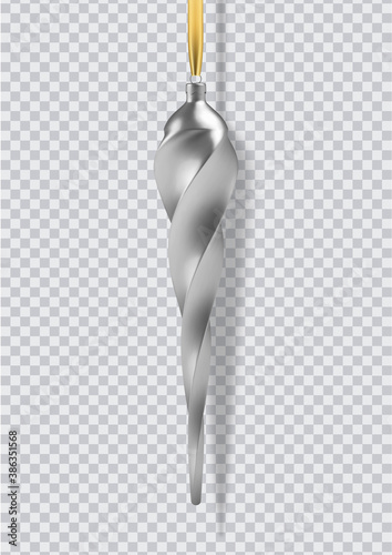 Realistic silver Christmas tree toy in the form of a icicle, spiral. 3D Illustration object Vector 