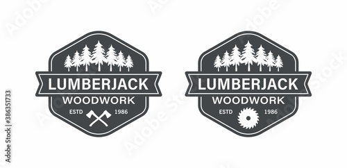 Set of black and white illustrations of crossed axes, forest, circular saw, text on white background.Vector illustration in vintage style for logo, emblem. Lumberjack logo. Woodworking.