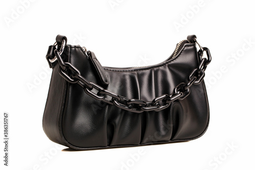 Black female leather handbag with chain