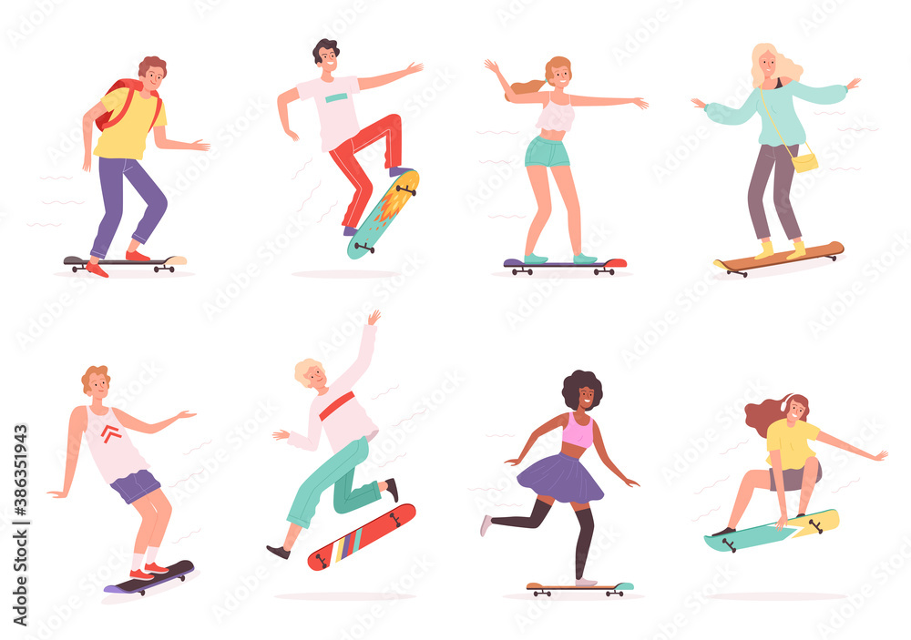 Urban skateboarders. Outdoor characters riders in action poses jumping skaters vector skateboard. Skateboard and skateboarding, skateboarder sport activity outdoor illustration