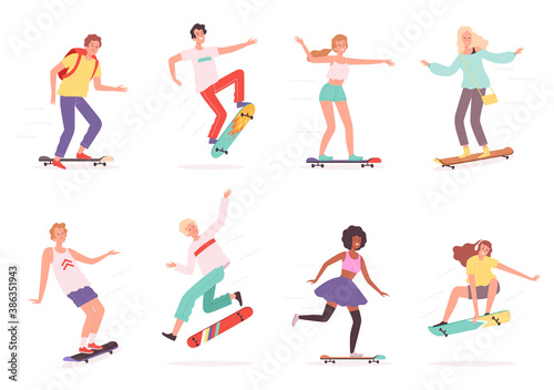 Urban skateboarders. Outdoor characters riders in action poses jumping skaters vector skateboard. Skateboard and skateboarding  skateboarder sport activity outdoor illustration