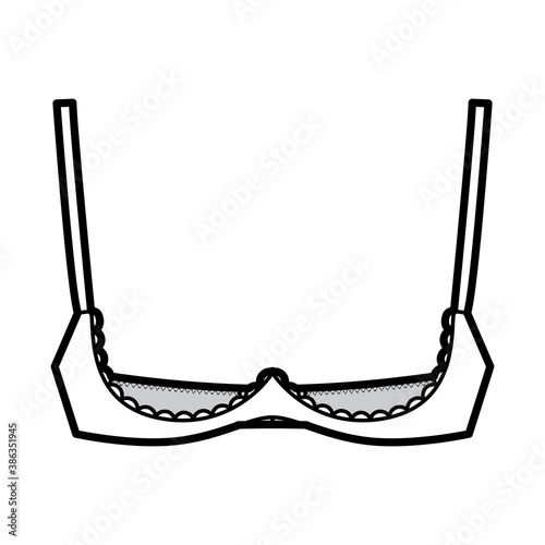 Bra shelf open cup lingerie technical fashion illustration with adjustable shoulder straps, hook-and-eye closure. Flat brassiere template front white color style. Women men unisex underwear CAD mockup
