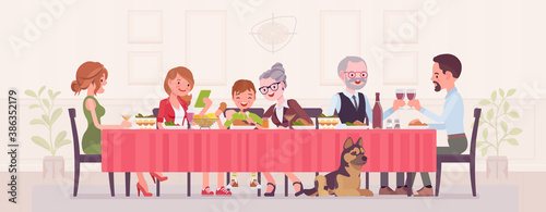 Big happy family eating festive dinner at table. Holiday gathering for many people of different generations, friends, community, anniversary dining traditions. Vector flat style cartoon illustration