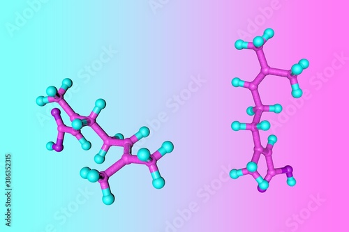 Foto Molecular model of geranic acid, a polyunsaturated fatty acid, a double bond isomer of nerolic acid and a pheromone used by some organisms