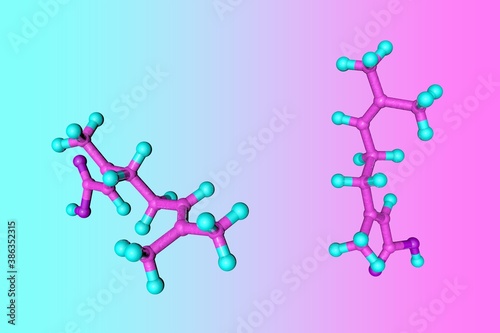 Molecular model of geranic acid, a polyunsaturated fatty acid, a double bond isomer of nerolic acid and a pheromone used by some organisms. Scientific background. 3d illustration photo