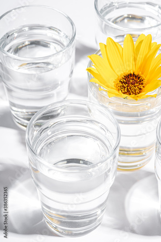 Fresh clear water drink with yellow flower in glass on white background, hard light creative composition, angle view