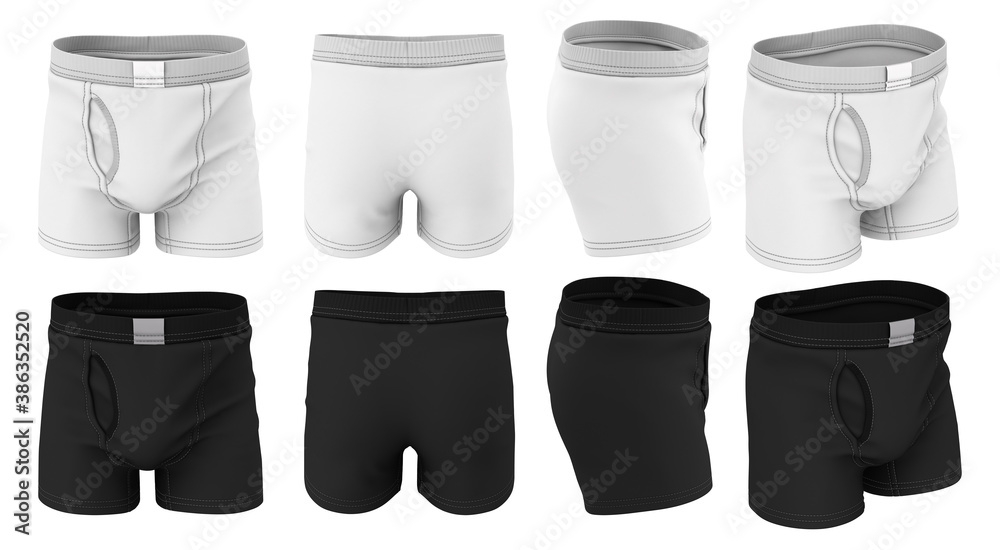 Mock-up of mens black and white underpants isolated on white background. Front, side and back views. Template clothes, underwear. Mock-up of mens black and white underpants isolated on white background. Front, side and back views. Template clothes, underwear.